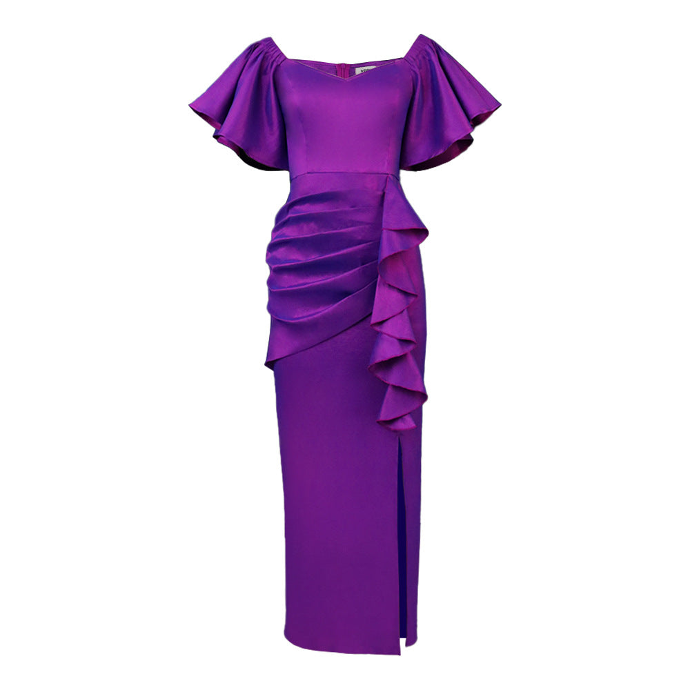 Damen Elegantes Maxikleid mit voluminösen Ärmeln und asymmetrischem Rüschen-Design Drune