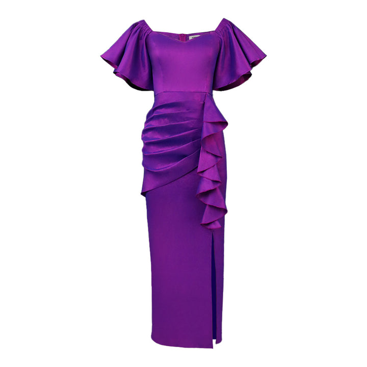 Damen Elegantes Maxikleid mit voluminösen Ärmeln und asymmetrischem Rüschen-Design Drune