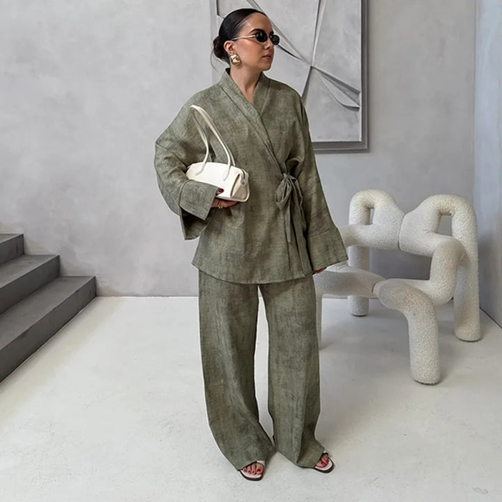 Damen Modisches und lässiges Set aus Oberteil und weiten Hosen Drune