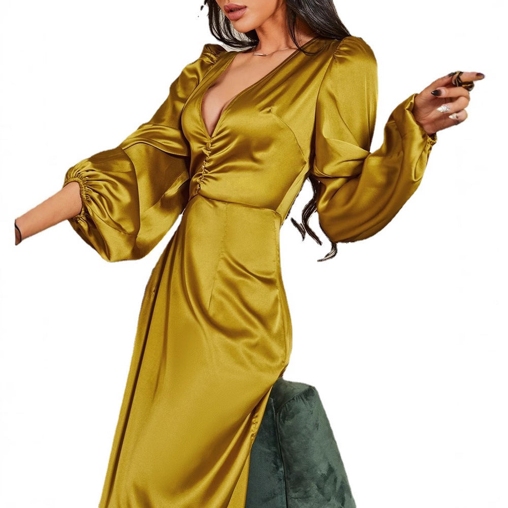 Damen Maxikleid mit tiefem V-Ausschnitt und eleganten Puffärmeln Drune