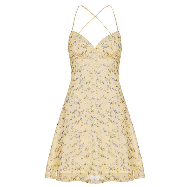 Damen Kurzarm Sommerkleid mit floralem Design und verstellbaren Spaghettiträgern Drune