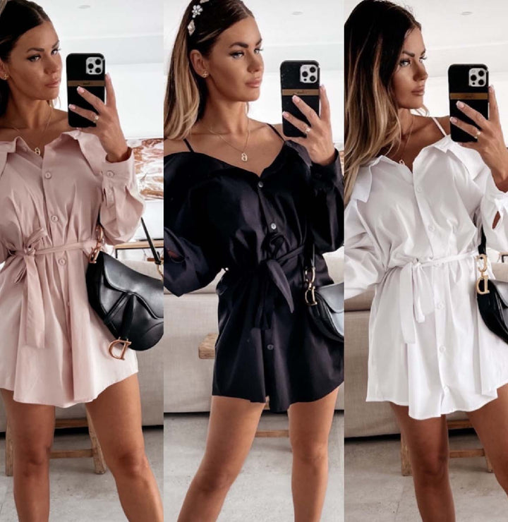 Damen Hemdblusenkleid im eleganten Off-Shoulder-Stil mit taillierbarem Gürtel Drune