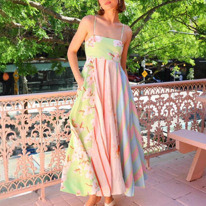 Damen Maxikleid mit mehrfarbigem floralen Design und schicker Streifenoptik Drune