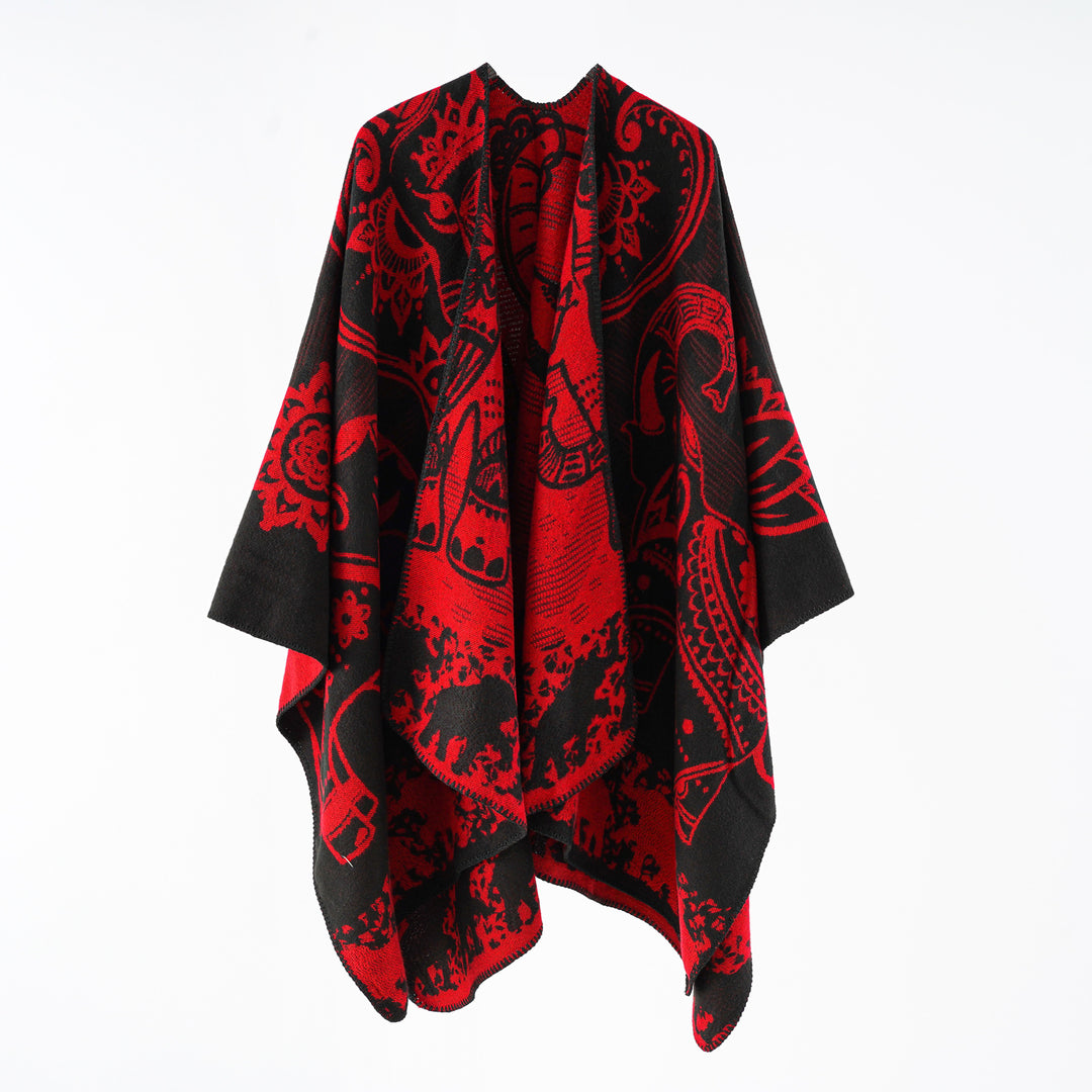 Damen eleganter Übergang-Poncho mit kunstvollem floralen Muster und fransigen Abschlüssen Drune