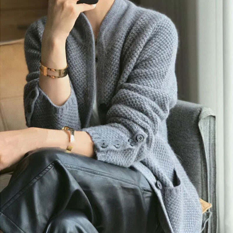 Damen modischer Strickblazer mit Taschen und Knopfverschluss Drune