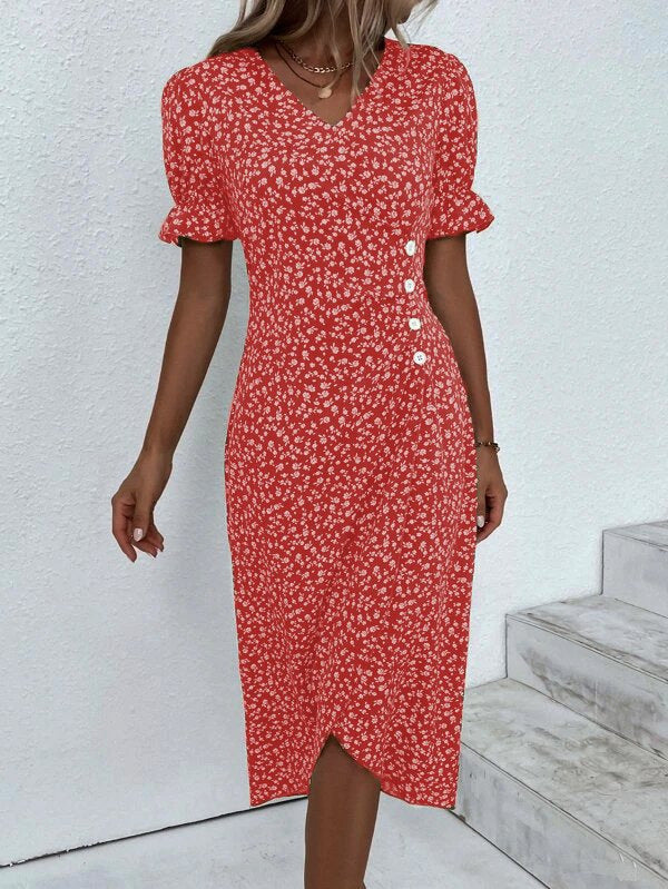 Damen Midikleid mit floralen Mustern und schmeichelndem V-Ausschnitt Drune
