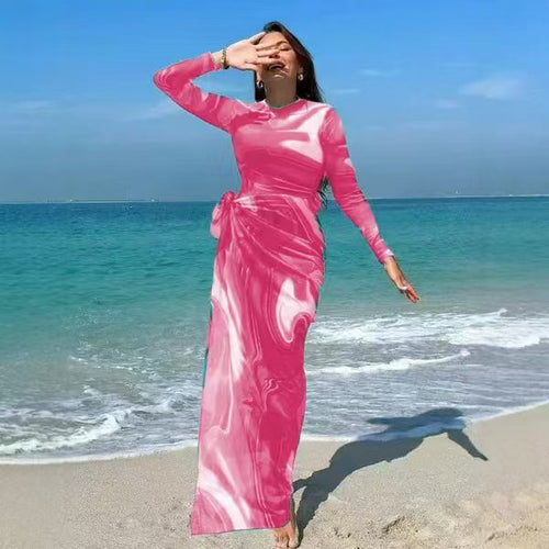Damen Elegantes Maxi-Kleid mit Wickelgürtel Drune