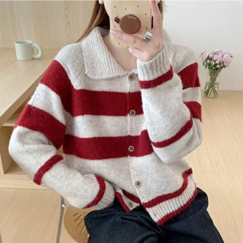 Damen Strickjacke mit dekorativem Kragen und modischen Streifen Drune