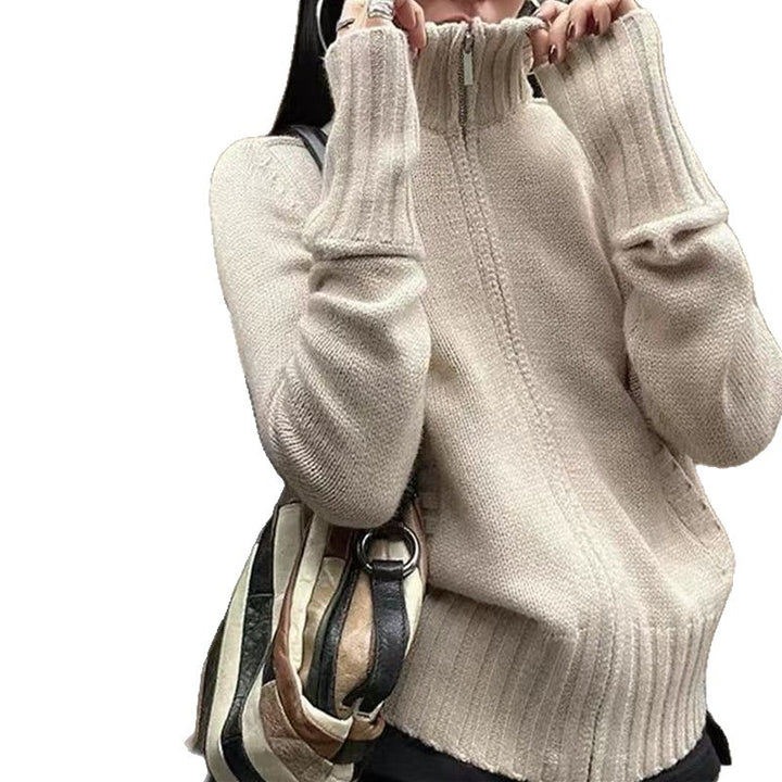 Damen Strickpullover mit hohem Stehkragen und Rippstruktur Drune
