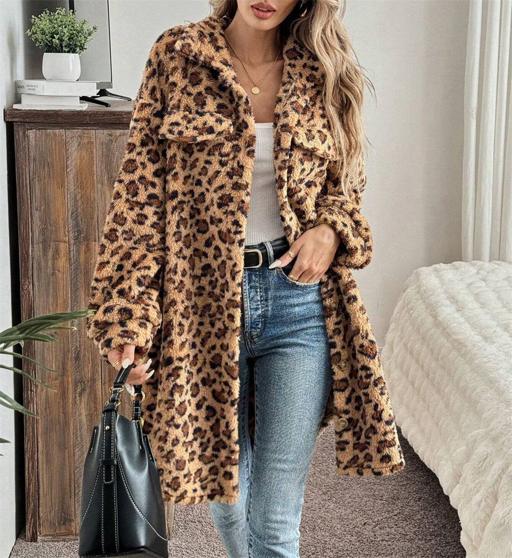 Damen kuschelige Leo-Print Jacke Drune