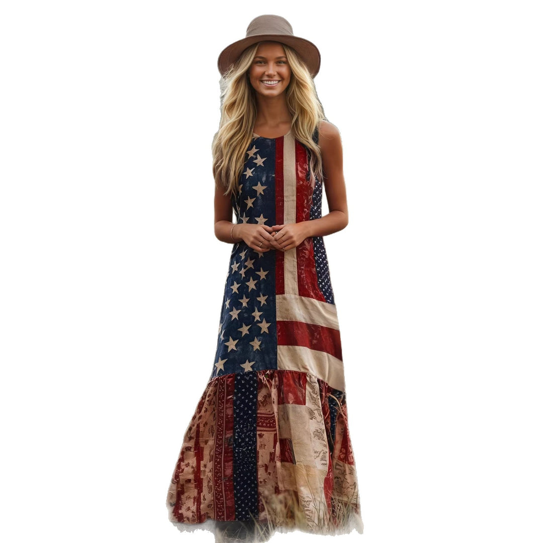 Damen Ethno-Inspirierte Maxikleid mit Flaggenmuster und Rüschensaum Drune