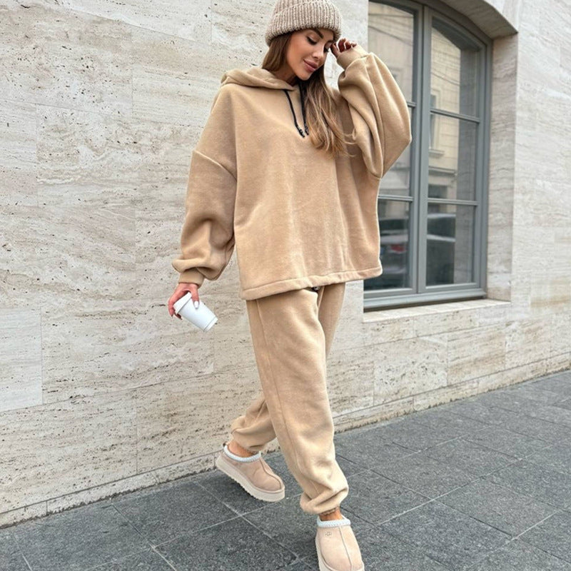 Damen Kuscheliges Fleece-Loungewear-Set mit Kapuze und weitem Schnitt Drune