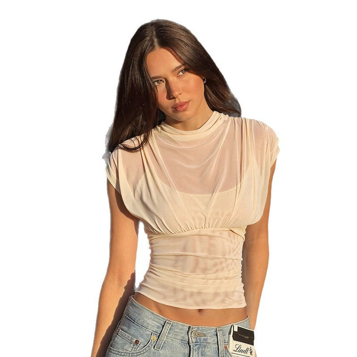 Damen elegantes Oberteil mit modischen Raffungen und transparentem Stoff Drune
