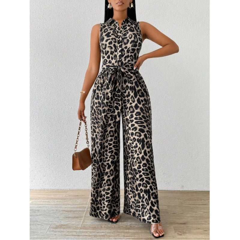 Damen Jumpsuit mit Leopardenmuster und Taillengürtel Drune
