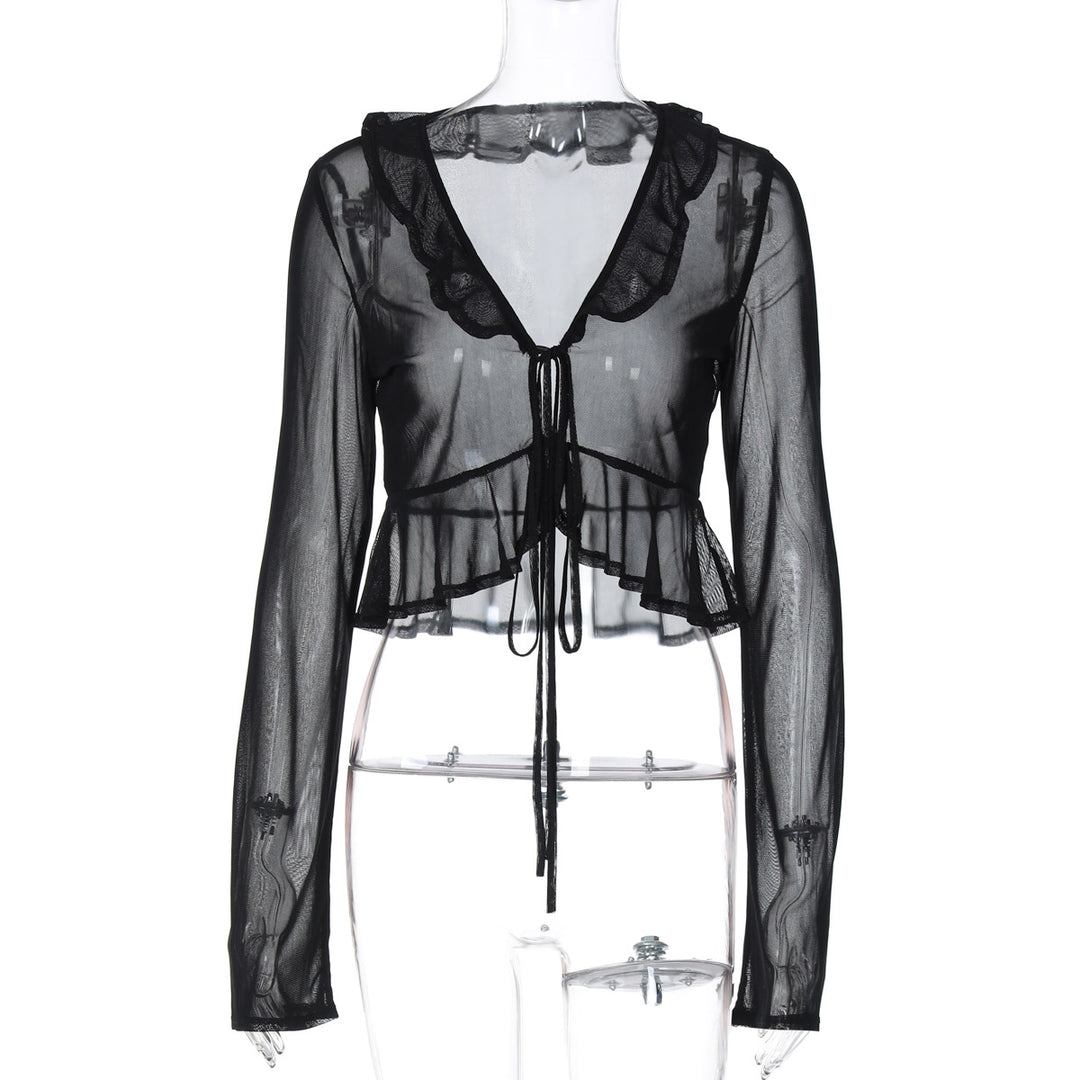 Damen Transparente Bluse mit Rüschendetails und Kordelzug Drune