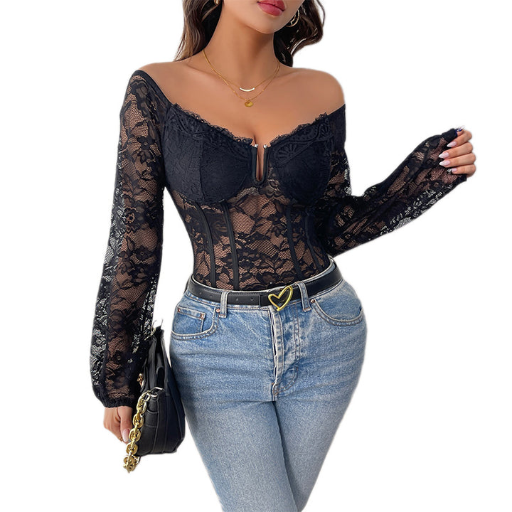 Damen Spitzenbody mit langem Arm und off-Shoulder Design Drune