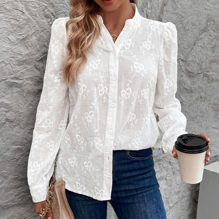Damen Bluse mit floralem Stickdesign und eleganten Puffärmeln Drune