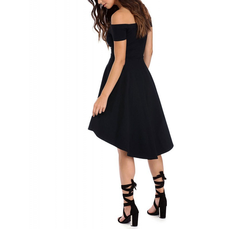 Damen Off-Shoulder Kleid mit asymmetrischem Saum und fließendem Rock Drune