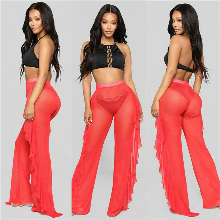 Damen transparente Strandhose mit asymmetrischem Rüschenbesatz Drune