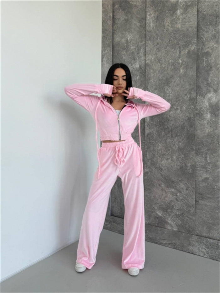 Damen Velours Lounge-Set mit tailliertem Hoodie und elastischen Hosen Drune