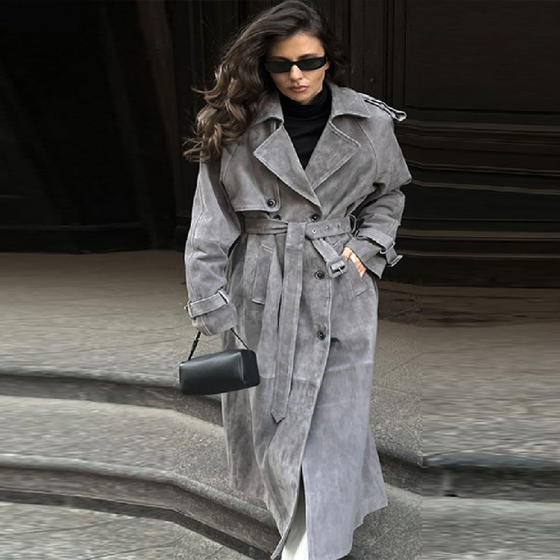 Damen Edler Suede-Trenchcoat mit breitem Kragen und praktischen Taschen Drune