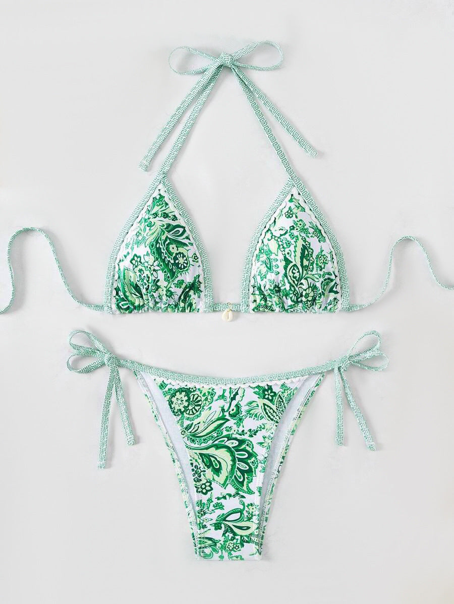 Damen Triangel-Bikini-Set mit verspieltem Blumenmuster und verstellbaren Bindebändern Drune