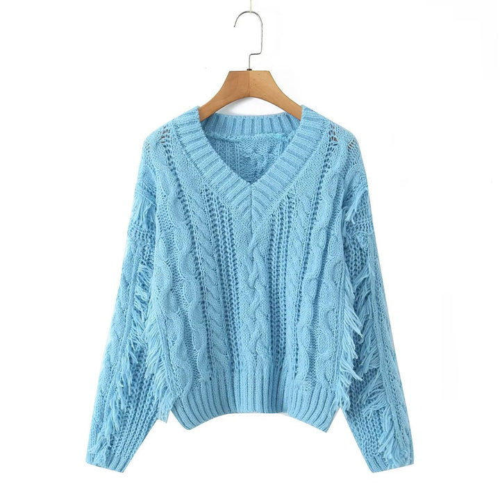 Damen Grobstrickpullover mit tiefem V-Ausschnitt und Fransen Drune