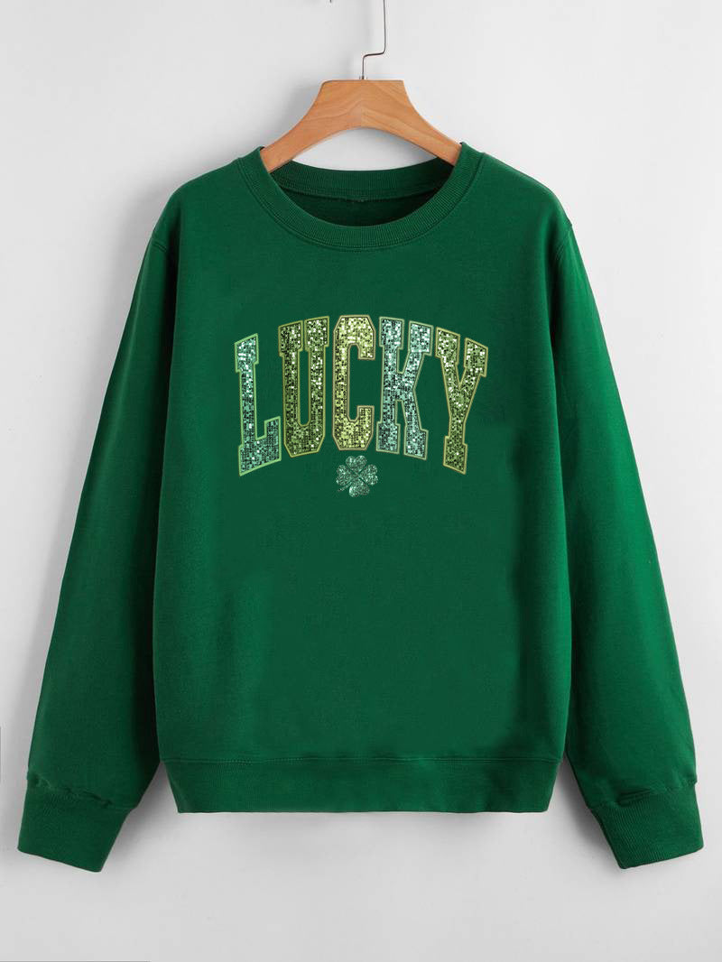 Damen lässiger Sweatshirt mit glitzerndem Schriftzug und Kleeblattmotiv Drune
