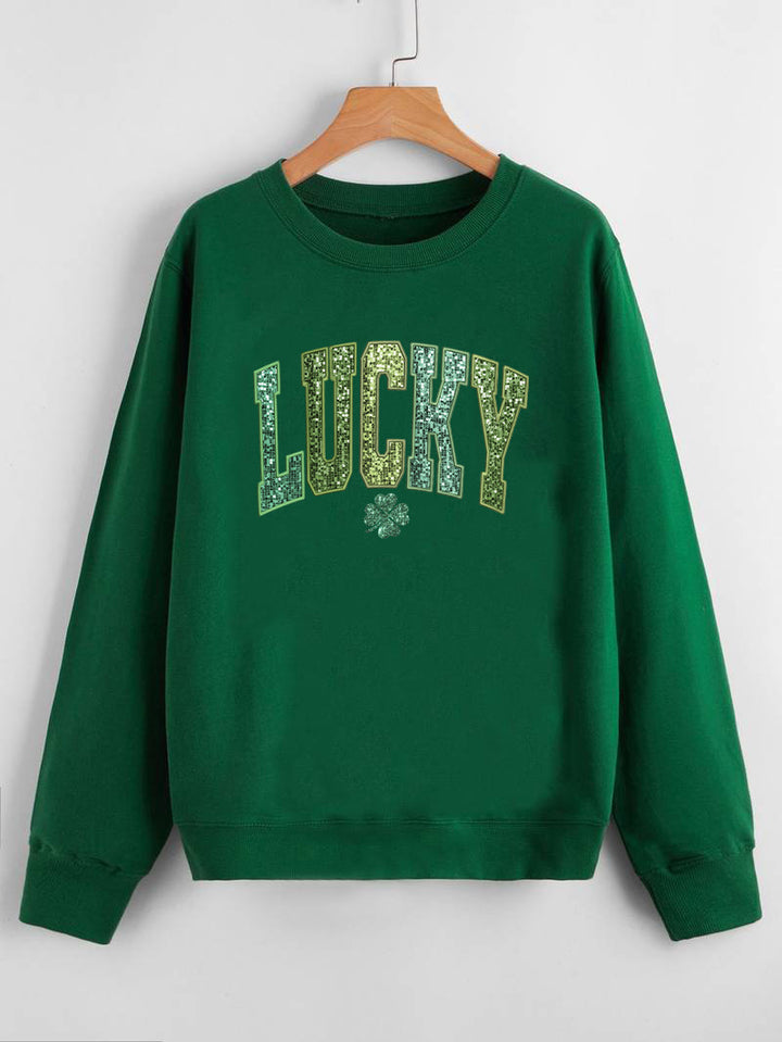 Damen lässiger Sweatshirt mit glitzerndem Schriftzug und Kleeblattmotiv Drune