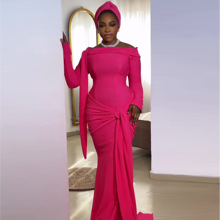 Damen Elegantes Langarmkleid mit asymmetrischem Drapé und Schleifenakzent Drune