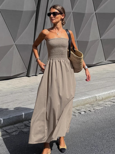 Damen Lange Boho-Strandkleid mit trägerlosem Design und raffiniertem Schnitt Drune