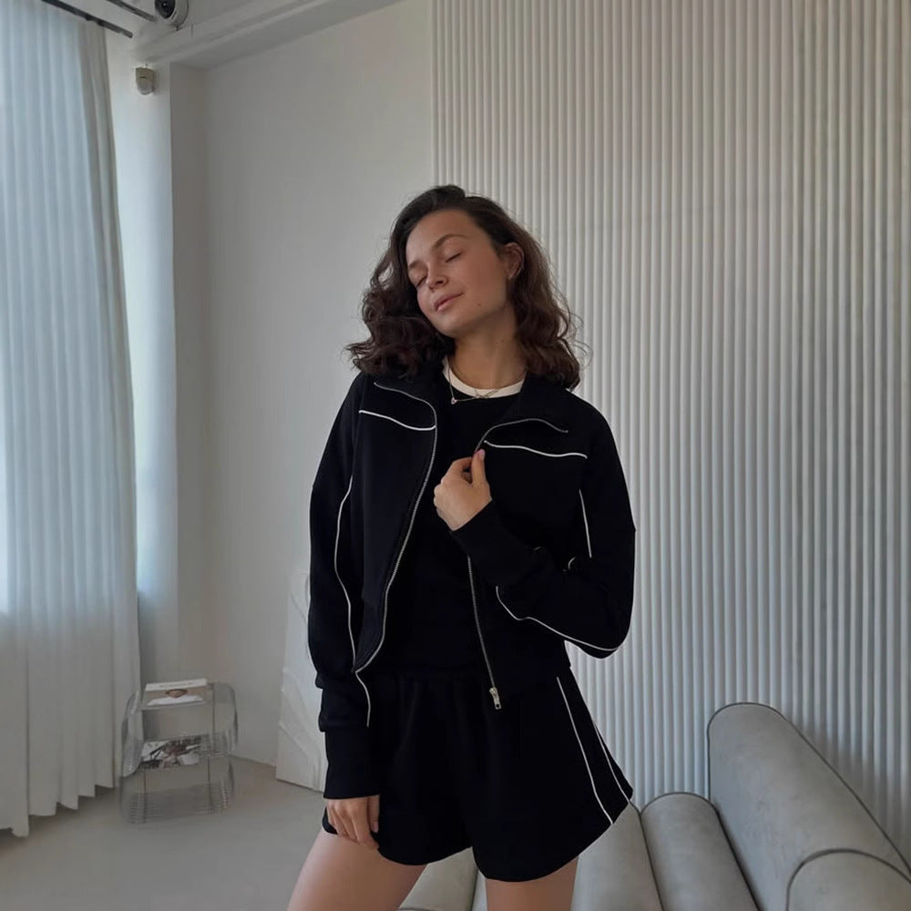 Damen nan athletischer Zweiteiler mit formendem Sportbustier, taillierter Highwaist-Sweatshorts und Zip-Hoodie Drune