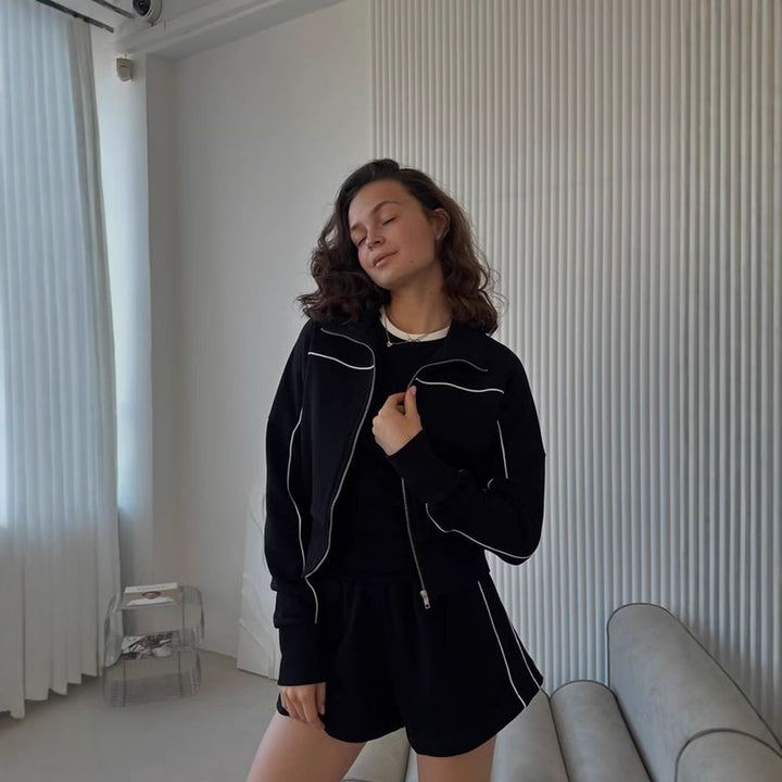 Damen nan athletischer Zweiteiler mit formendem Sportbustier, taillierter Highwaist-Sweatshorts und Zip-Hoodie Drune