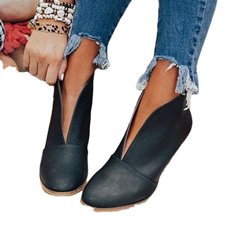 Damen nan knöchelhohe V-Cut Stiefelette mit gestapeltem Blockabsatz und spitz zulaufender Vorderkappe Drune