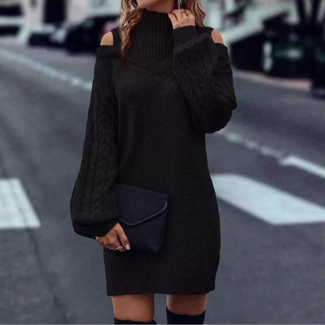 Damen Strickkleid mit asymmetrischem Off-Shoulder-Design und voluminösen Ärmeln Drune