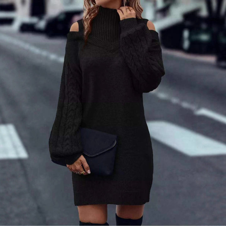 Damen Strickkleid mit asymmetrischem Off-Shoulder-Design und voluminösen Ärmeln Drune