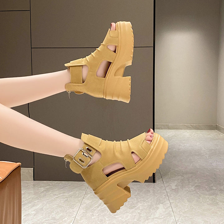 Damen nan Plateau-Sandaletten-Stiefelette mit Aussparungen offener Zehenpartie und verstellbarer Metallschnalle Drune