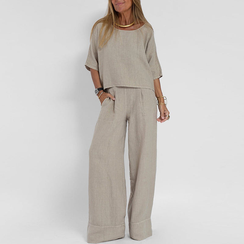 Damen luftiges Leinen-Ensemble mit weitem Schnitt und praktischen Taschen Drune