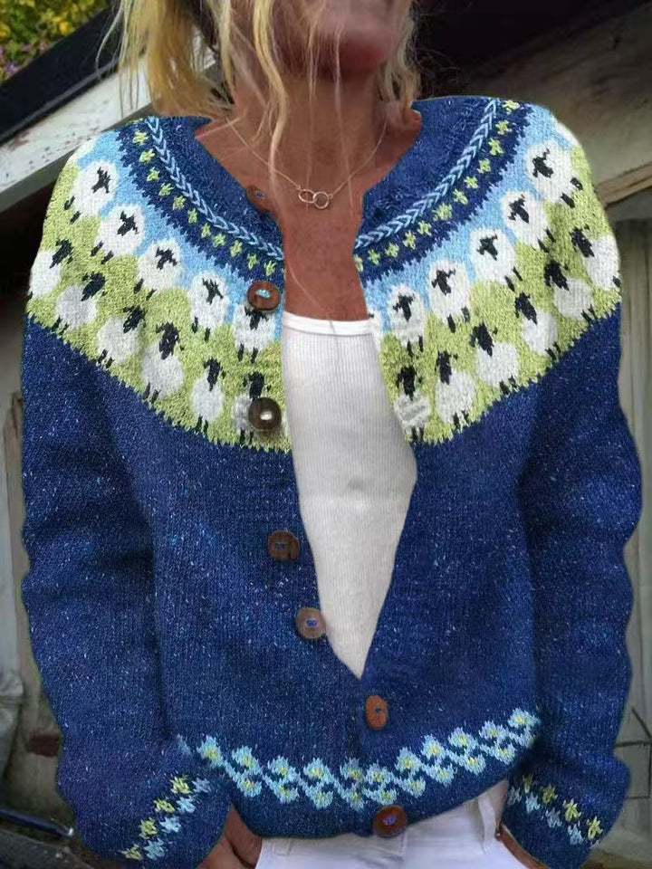 Damen nan gemusterte Strickjacke mit Rundpasse, Holzknöpfen und Eingrifftaschen Drune