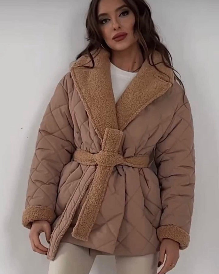 Damen gesteppte Winterjacke mit weichem Kragen und Gürtel Drune