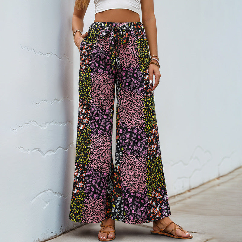 Damen weite Blumenhose mit elastischem Bund und praktischen Taschen Drune