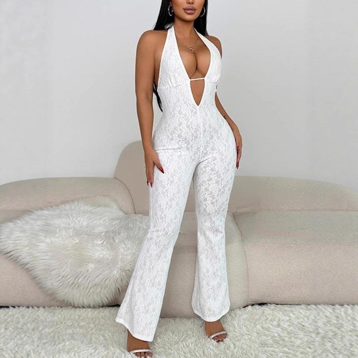 Damen eleganter Jumpsuit mit tiefem V-Ausschnitt und Spitzendetails Drune