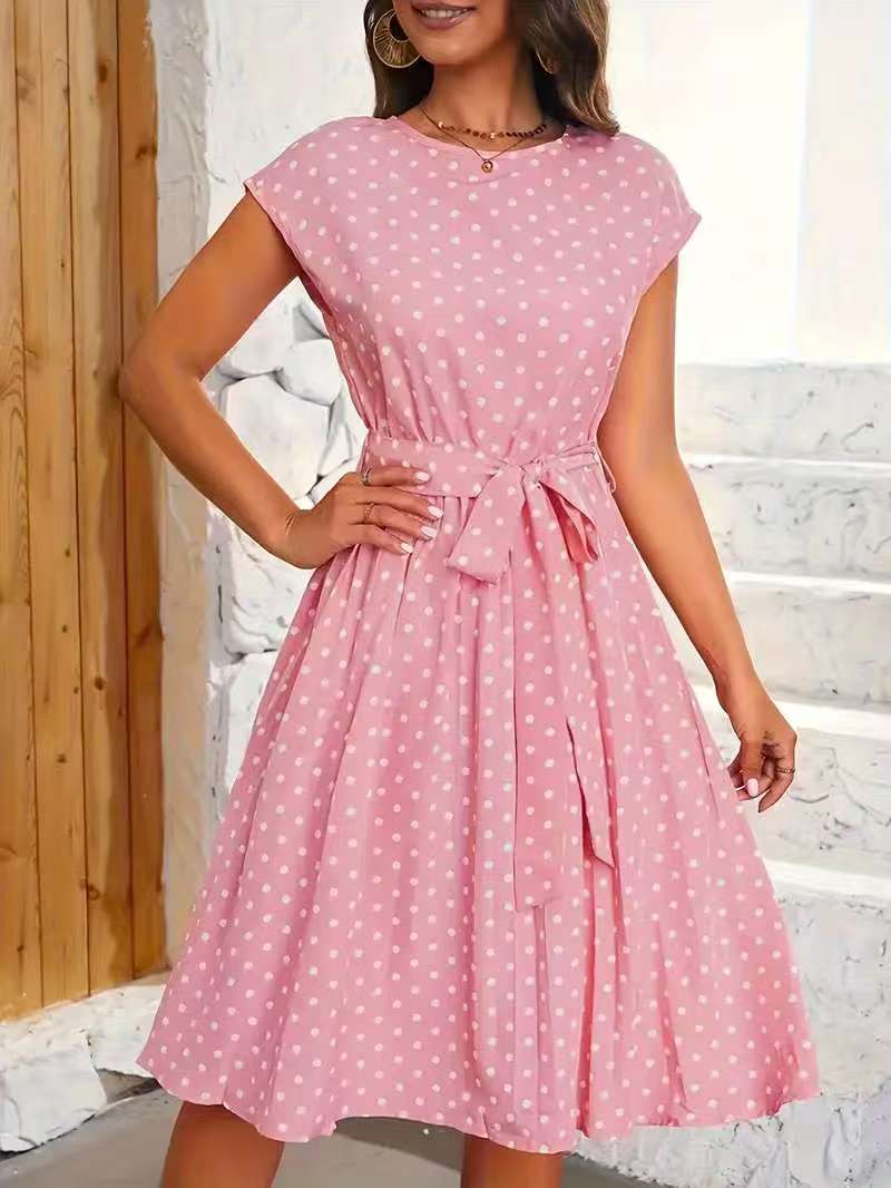 Damen Midikleid mit taillierendem Bindegürtel und verspieltem Polka-Dots Design Drune