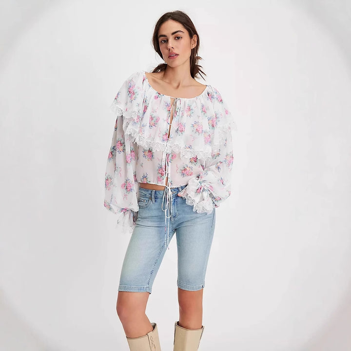 Damen Bluse mit romantischen Rüschen und floralem Muster Drune