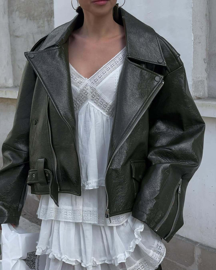 Damen Oversized Kunstlederjacke mit asymmetrischem Reißverschluss Drune