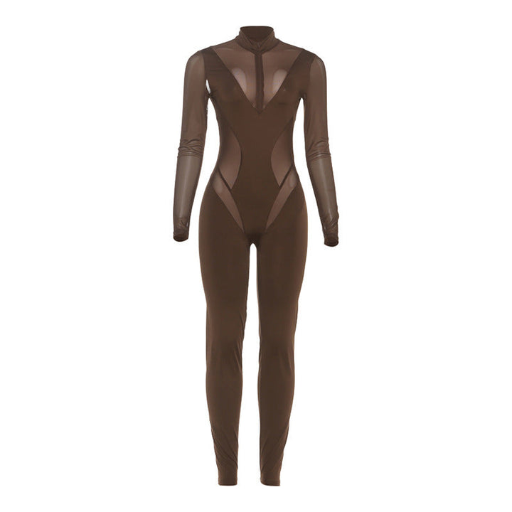 Damen Eleganter Catsuit mit transparenten Einsätzen und hohem Kragen Drune