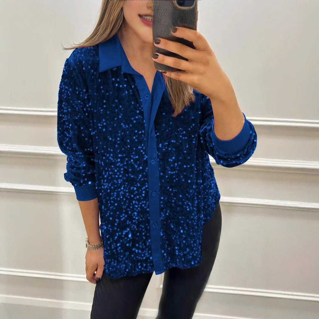 Damen Funkelnde Paillettenbluse mit klassischem Kragen Drune