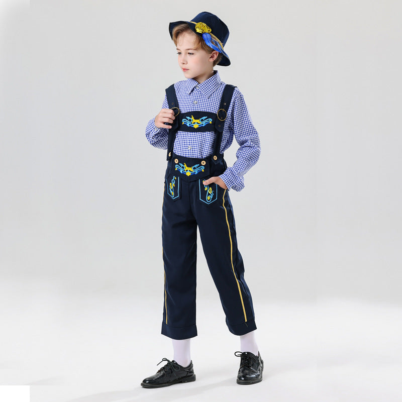 Herren nan bestickte Kindertracht Latzhose mit verstellbaren Hosenträgern und Kontrastnähten Drune