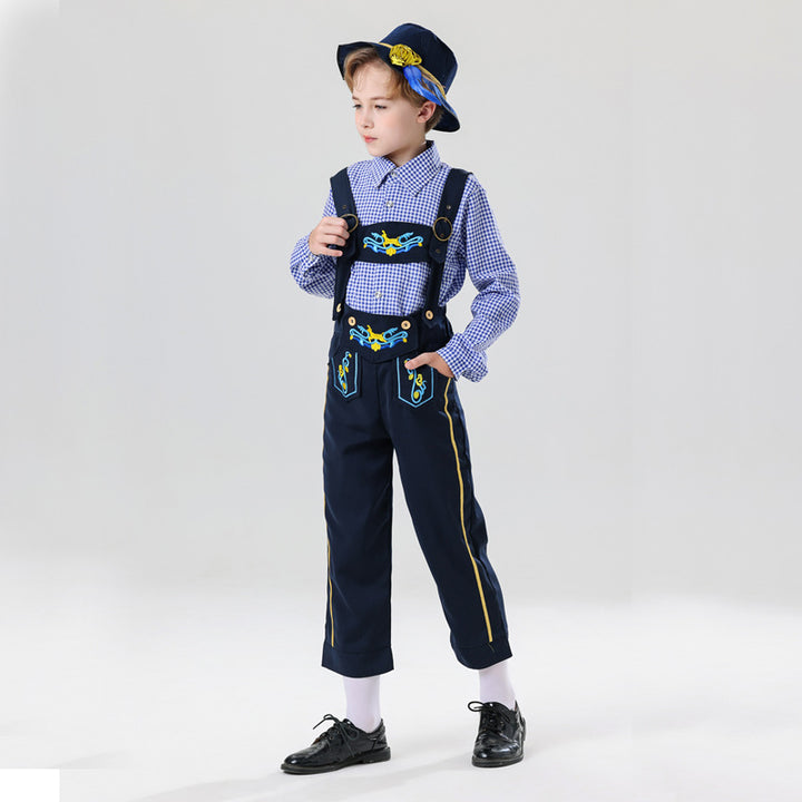 Herren nan bestickte Kindertracht Latzhose mit verstellbaren Hosenträgern und Kontrastnähten Drune