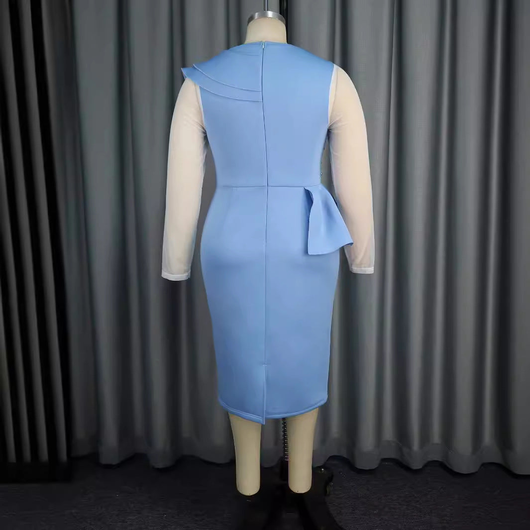 Damen elegantes Kleid mit Rüschen und Perlenapplikationen Drune